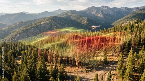 Quadro su tela Aerial view of a drone surveying a forest during a wildfire incident with wildfi