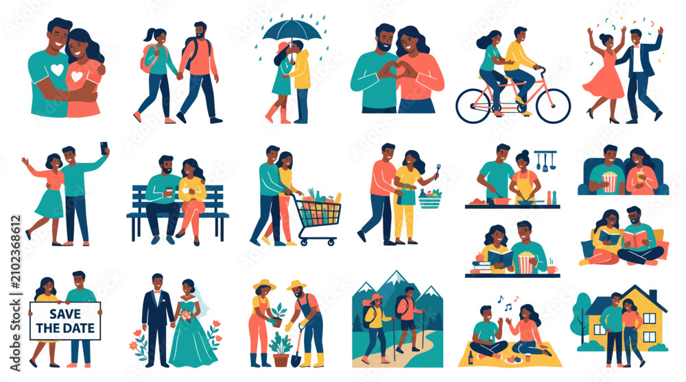 Fototapeta premium Flat Illustration of Diverse African American Couples in Love, Daily Life, and Relationship Milestones