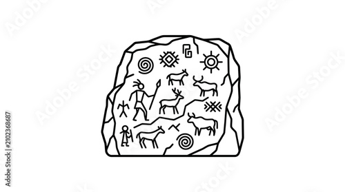 Canvas Print Creative Black and White Ancient Petroglyph Rock Art Featuring Humans Animals an