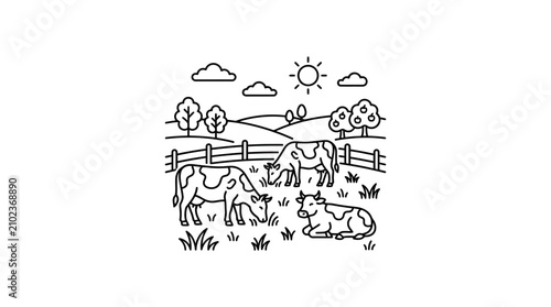 Creative Black and White Line Drawing of Cows Grazing Peacefully in a Sunny Pasture with Trees and Fence