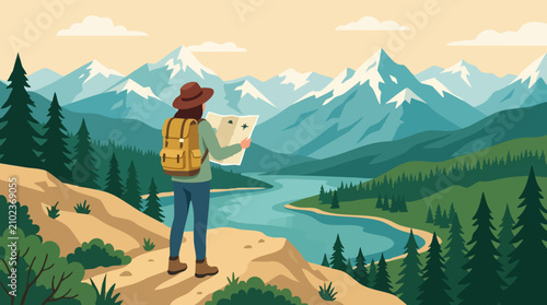 Backpacker looking at map, enjoying panoramic view of mountains and lake