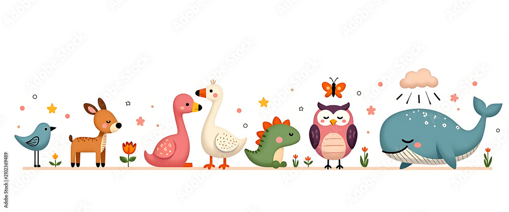 Fototapeta premium Cute cartoon animals border cute deer bird flamingo goose dinosaur owl whale and butterfly on white background.