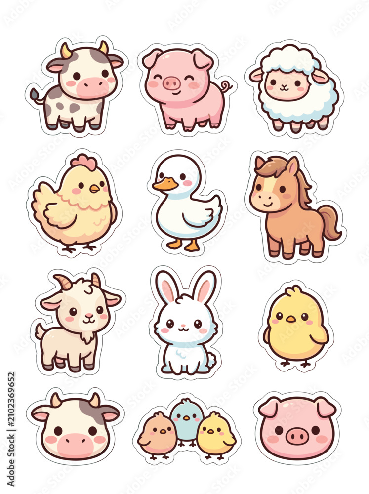 Obraz premium A collection of cute farm animal vector illustrations featuring a cow pig sheep chicken duck horse goat rabbit and chick designs on a white background.