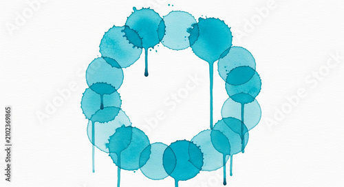Blue watercolor circle frame. Abstract paint splash wreath on white background.