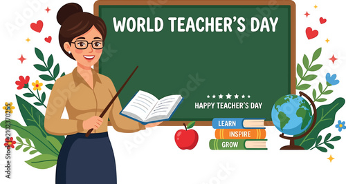 Female teacher standing in front of a chalkboard with math formulas and books for world teacher day vector illustration