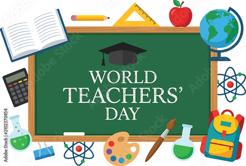 World Teachers Day celebration banner with chalkboard and school supplies icons in a flat vector illustration design style