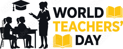 World Teachers Day celebration banner with silhouette of instructor teaching students in classroom setting vector graphic design element