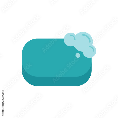 Flat illustration of teal soap bar with soap bubbles isolated on white background for health care.