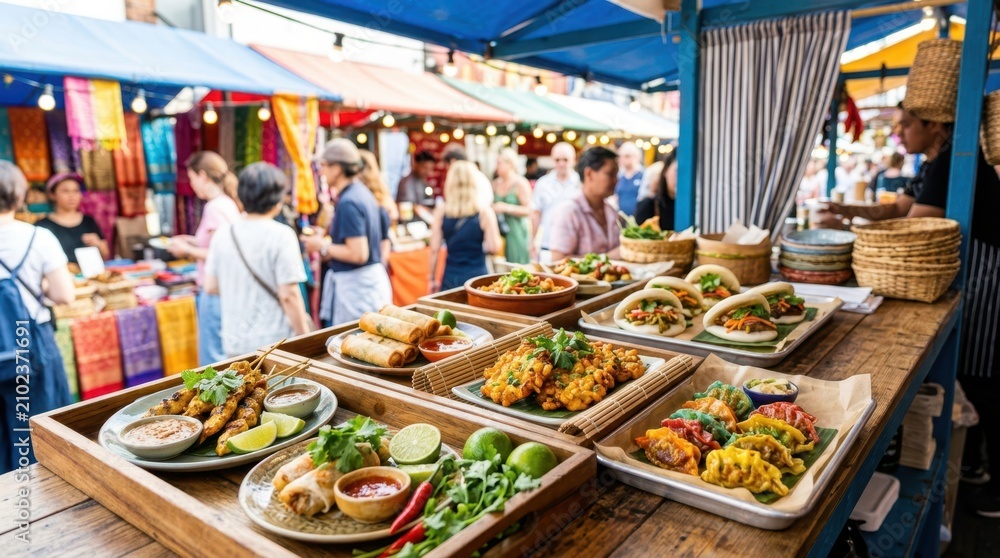 Fototapeta premium Delicious Asian street food displayed at a vibrant outdoor market stall