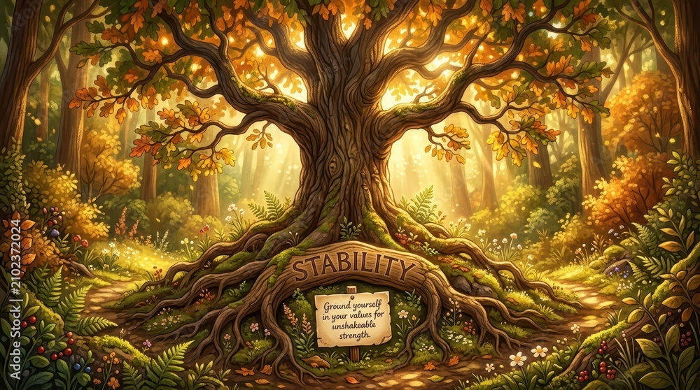 Fototapeta premium Enchanted Forest Scene with Ancient Tree Roots and a Sign of Stability