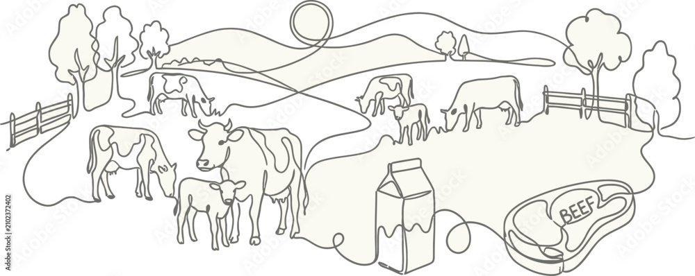 Obraz premium Minimalist continuous line drawing of a dairy cow and calf grazing on a rural pasture, artistic livestock symbol representing organic milk production and farm animal agriculture illustration.