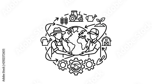 Bild auf Leinwand Elegant Black and White Line Art of Global Agriculture Farming and Cooperation C