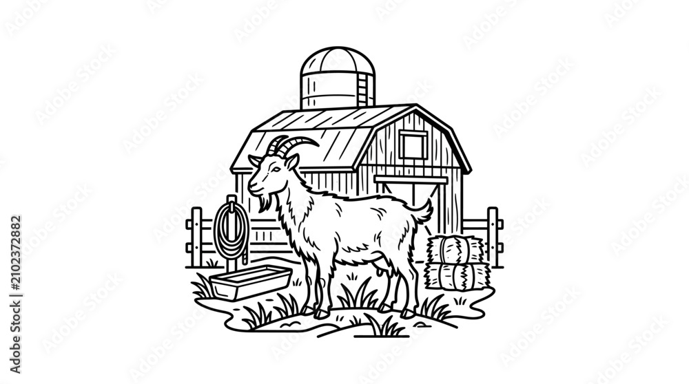 Fototapeta premium Elegant Black and White Line Drawing of Goat Standing Near Rustic Barn with Silo and Hay Bales with high quality professional line art symbols for modern creative design and digital branding projects
