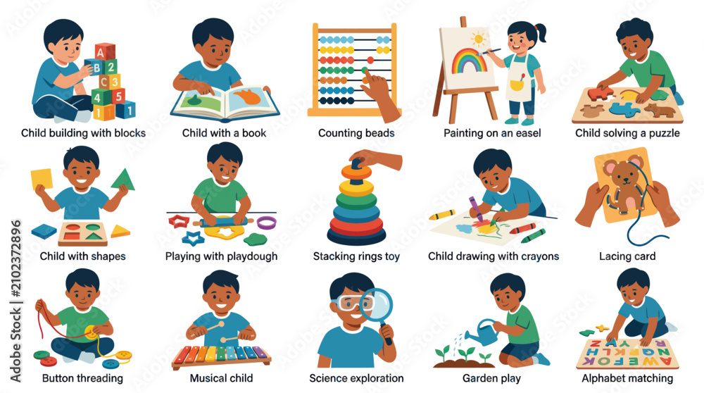 Fototapeta premium Children Engaging in Educational Activities: Blocks, Reading, Painting, Puzzles, and More
