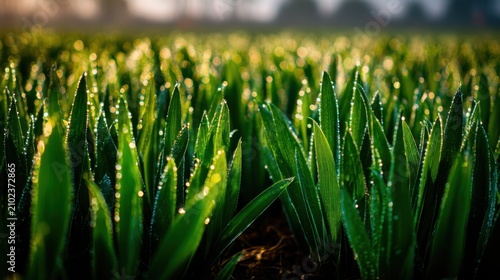 Dew-Covered Green Grass in Early Morning Light with Blurred Background Creating a Serene and Fresh Spring Atmosphere