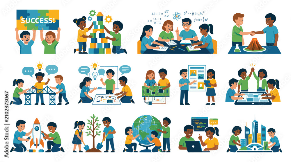 Fototapeta premium Flat Vector Illustration of Kids Learning STEM Education: Science, Technology, Engineering, Math Activities and Collaboration