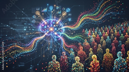 Humanoid brain illustration connecting to crowd of people representing artificial intelligence data processing with intelligence technology connection processing communication information