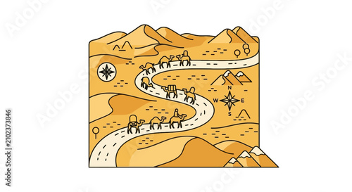 Camel caravan traveling through desert dunes on winding path