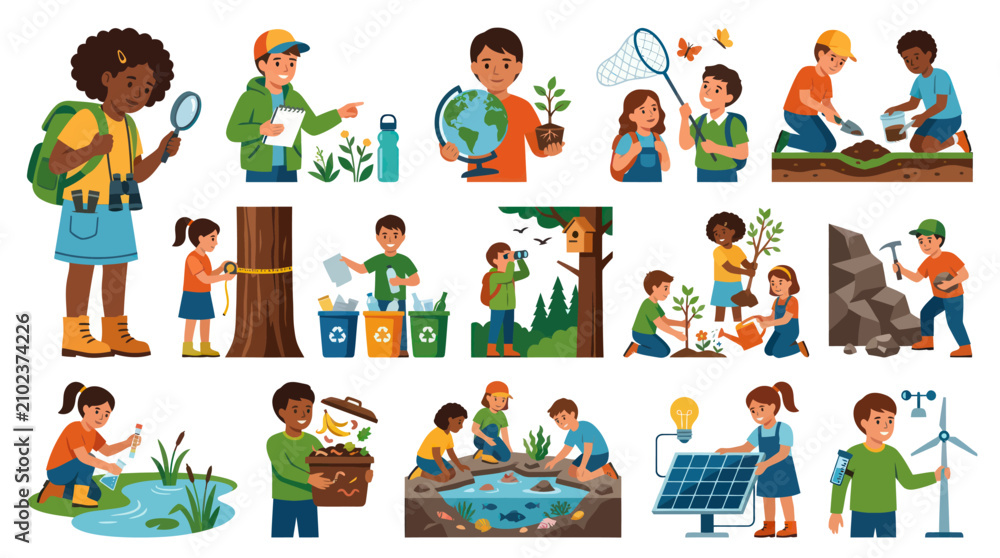 Fototapeta premium Environmental Education and Nature Science Activities for Kids in Modern Flat Illustration Style