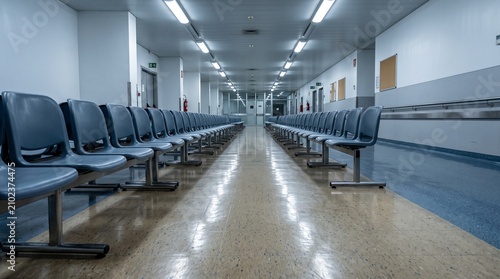 Clinical waiting room interior, concept of impersonal institutional care