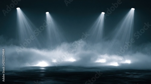 Empty stage with spotlights and fog in dark room