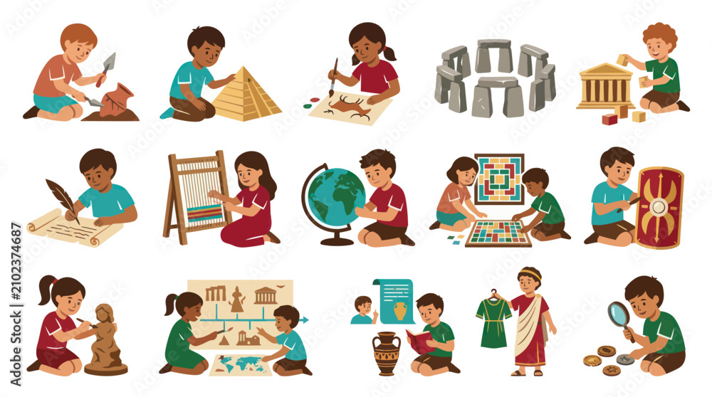 Fototapeta premium Educational Flat Vector Illustrations of Children Learning History and Archaeology, Exploring Ancient Civilizations
