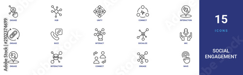 Set of 15 outline web Social Engagement icons such as wave, engage, connect, interaction, engage, mic, socialize vector icons for report, presentation, diagram, web design, mobile app