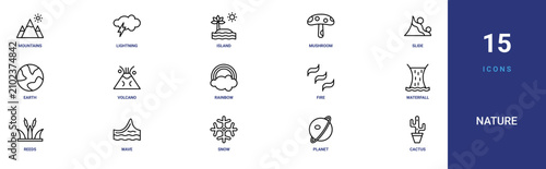 Set of 15 outline web Nature icons such as cactus, planet, snow, wave, reeds, waterfall, fire vector icons for report, presentation, diagram, web design, mobile app