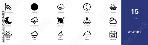 Quadro su tela Set of 15 outline web Weather icons such as calendar, windy, thunder, rainy, sun