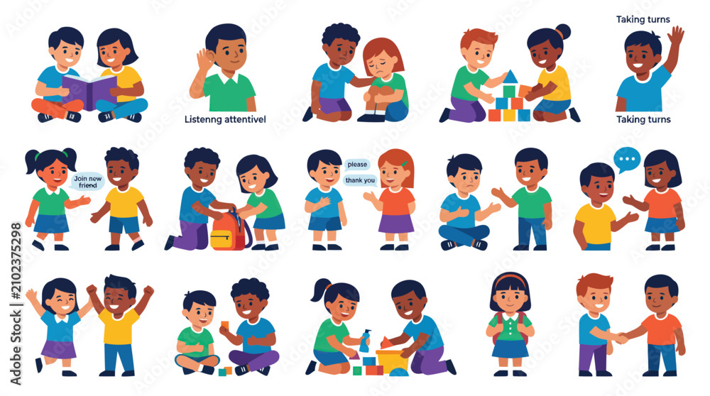 Fototapeta premium Early Childhood Education: Kids Social Skills Good Manners Flat Vector Illustrations Set