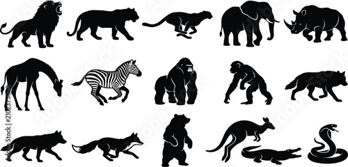 Photography Wild safari animals and African fauna black silhouette vector icons set, zoo mam