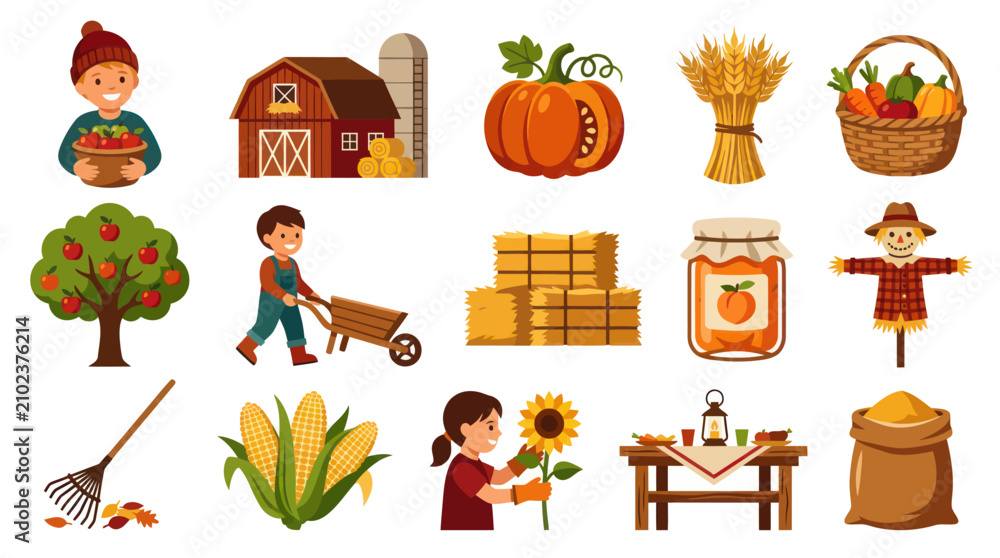 Fototapeta premium Autumn Harvest Vector Icons: Farm, Scarecrow, Pumpkin, Crops, Fruit