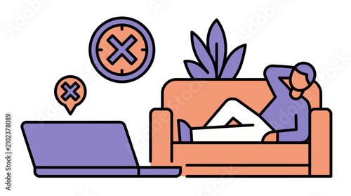 Man procrastinating on sofa ignoring work laptop