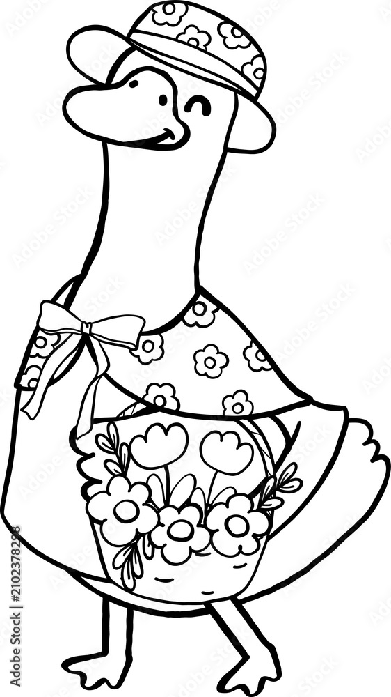 Fototapeta premium Cartoon Porch Goose Spring Dress Up Outline Wearing Flower Hat and Dress Illustration Hand Drawn