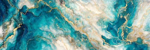 Fotografie Abstract Turquoise and Blue Marble Texture with Shimmering Gold Veins Luxury Alc