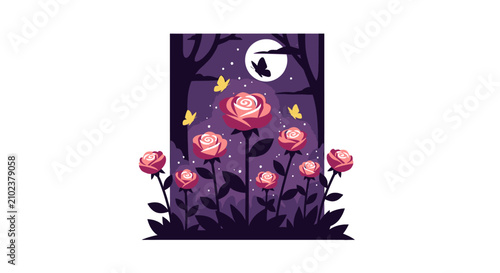 Konstfotografi Pink roses blooming in moonlight with butterflies