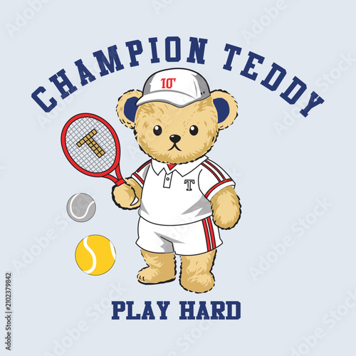 bear holding a tennis racket, cartoon vector illustration