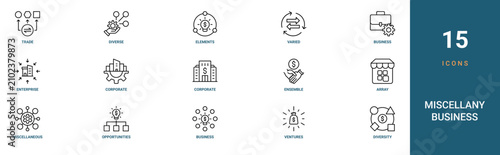 Cuadro en lienzo Set of 15 outline web Miscellany Business icons such as diversity, ventures, bus