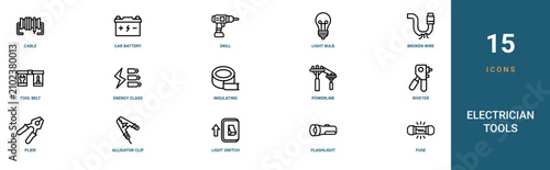 Fotografie Set of 15 outline web Electrician Tools icons such as fuse, flashlight, light sw