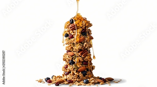 Sweet, nutritious granola piled high with a cascade of golden honey and delicious dried fruits and nuts, perfect for a healthy breakfast or snack