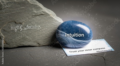 Intuition concept: A blue polished stone with the word 'Intuition' etched on it, next to a rock and a card saying 'Trust your inner compass'