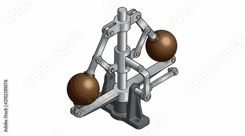 Detailed 3D rendering of a classic centrifugal flyball governor mechanism, an essential component for automatic speed regulation in industrial machinery and steam engines