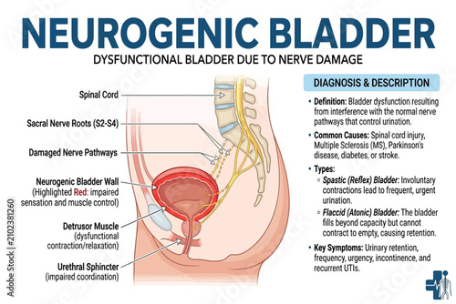 Medical diagram showing disrupted nerve pathways causing bladder dysfunction.