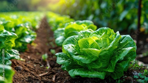 Vibrant rows of fresh green lettuce heads growing in a sunlit farm field