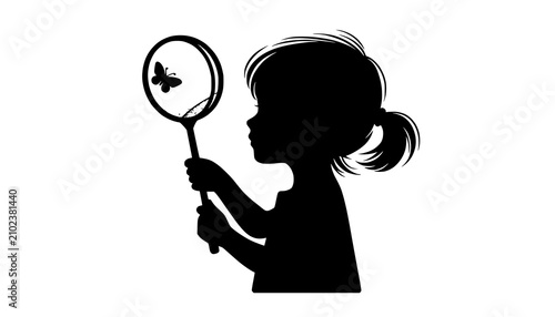 Girl silhouette observes a butterfly captured inside a small handheld magnifying glass during a nature exploration.