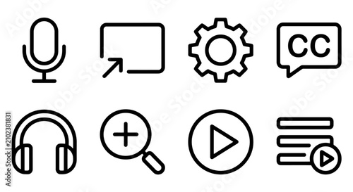 Set of black line interface icons for media and video player settings