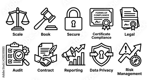 Set of legal and compliance business icons featuring outline line art