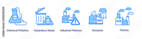 Принти на полотні Industrial pollution icon set featuring factory emission hazardous waste and che