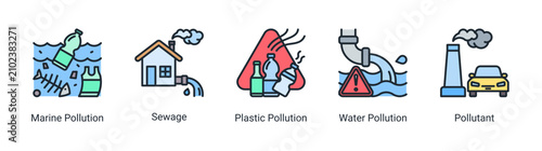 Foto Marine waste icon set featuring plastic pollution sewage and ocean contamination
