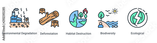 Foto Forest damage icon set featuring deforestation biodiversity loss and habitat des
